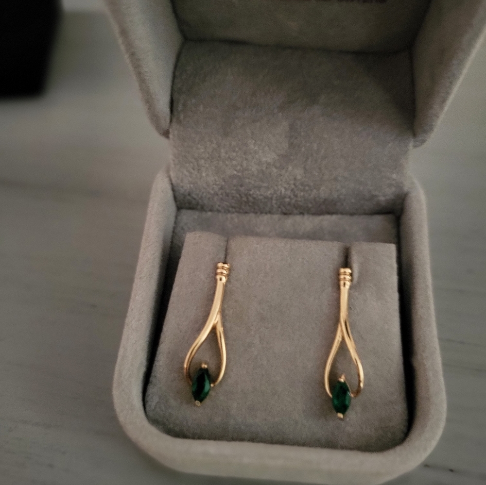 Shane company gold and emerald Wishbone Earrings.